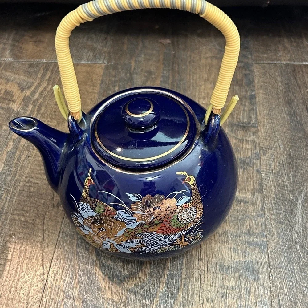 Vintage Blue Asian Porcelain Teapot/Lid Wrapped Handle Gold Pheasant 3 Cups
